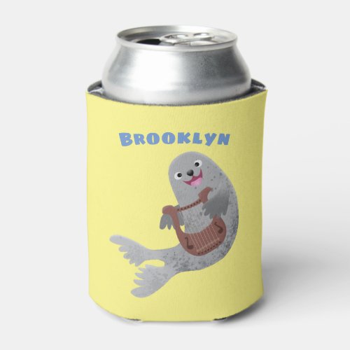 Happy cute harp seal cartoon illustration can cooler