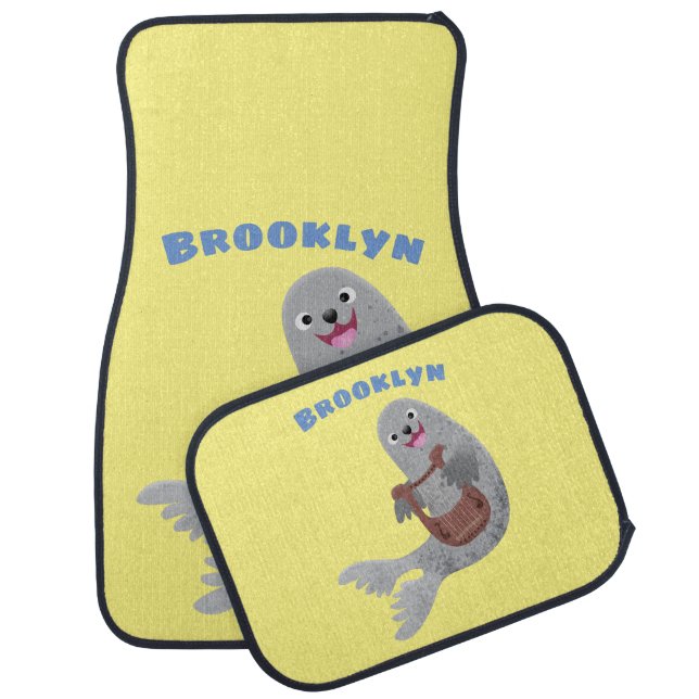 Happy cute harp seal cartoon illustration car floor mat (Set)
