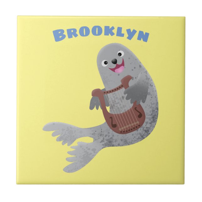 Happy cute harp seal cartoon illustration ceramic tile (Front)