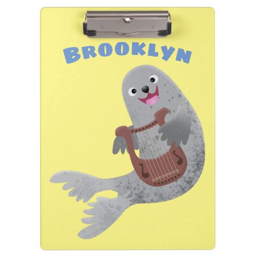 Happy cute harp seal cartoon illustration clipboard