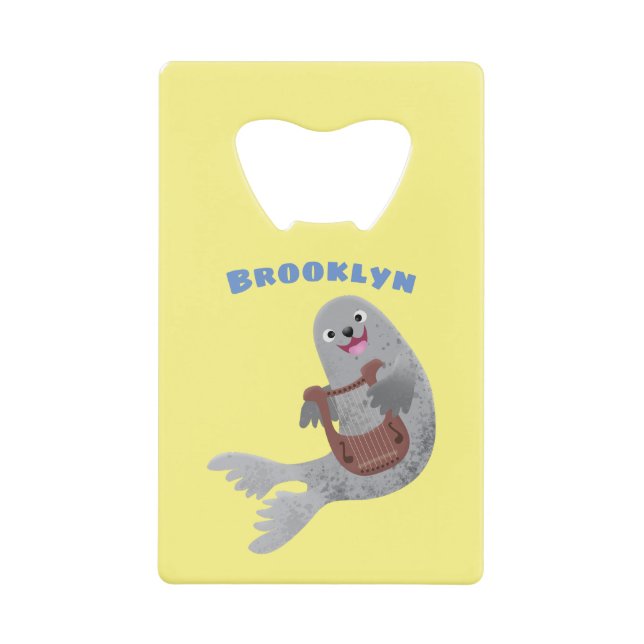 Happy cute harp seal cartoon illustration credit card bottle opener (Front)