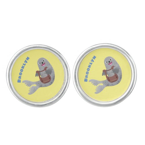 Happy cute harp seal cartoon illustration cufflinks