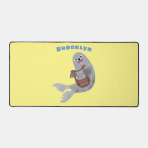 Happy cute harp seal cartoon illustration desk mat