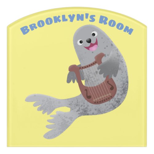 Happy cute harp seal cartoon illustration door sign
