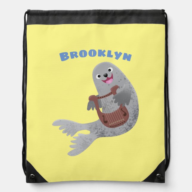 Happy cute harp seal cartoon illustration drawstring bag (Front)