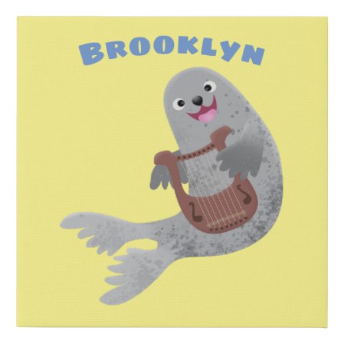 Happy cute harp seal cartoon illustration faux canvas print