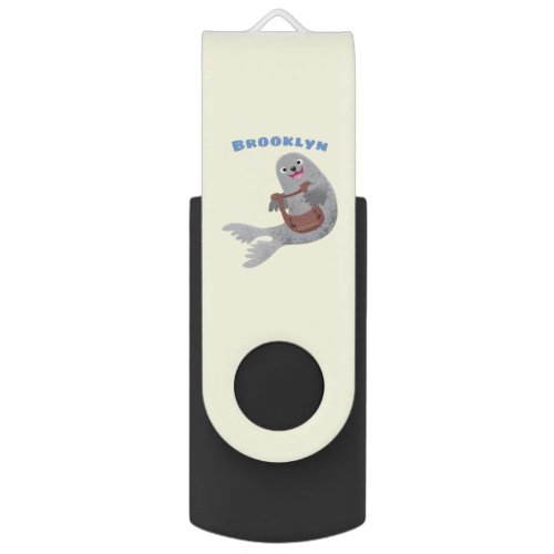 Happy cute harp seal cartoon illustration flash drive