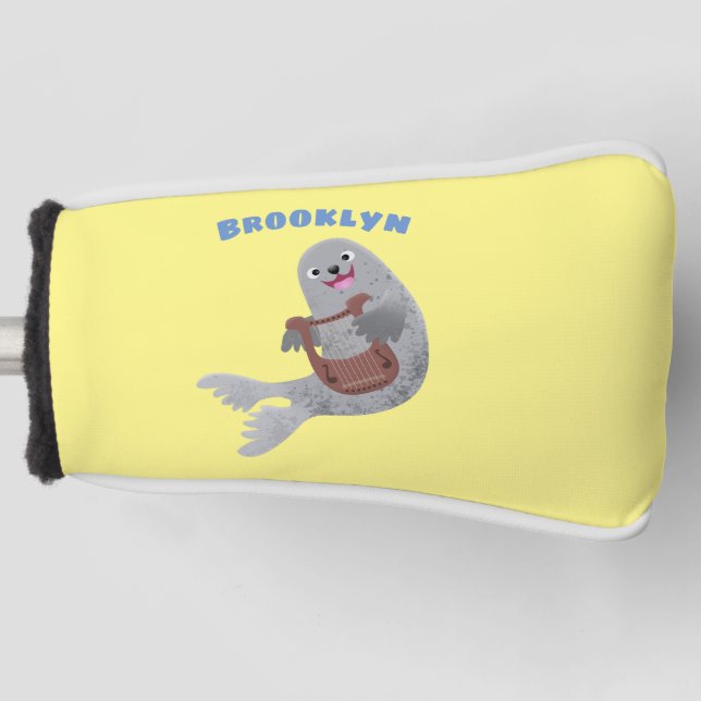 Happy cute harp seal cartoon illustration golf head cover (Front)