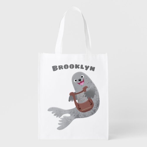 Happy cute harp seal cartoon illustration grocery bag