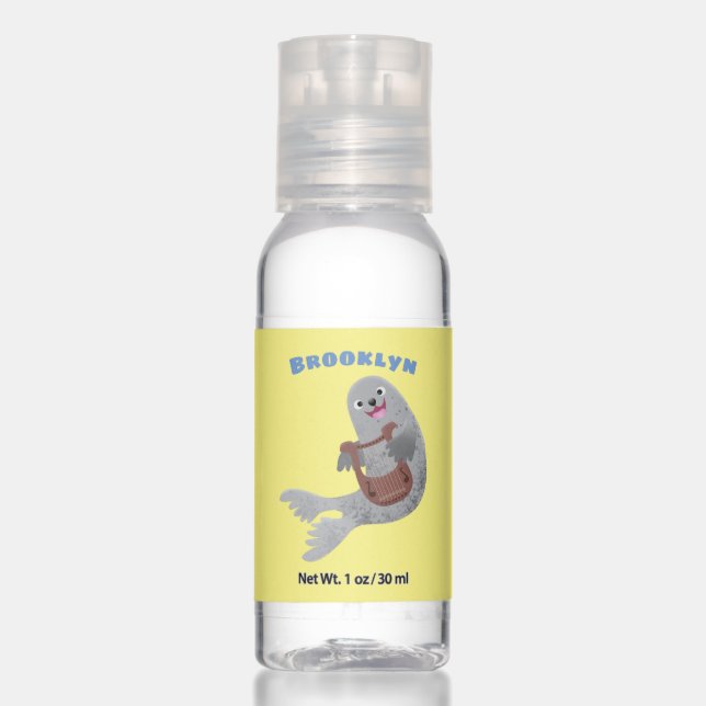 Happy cute harp seal cartoon illustration hand sanitizer (Front)