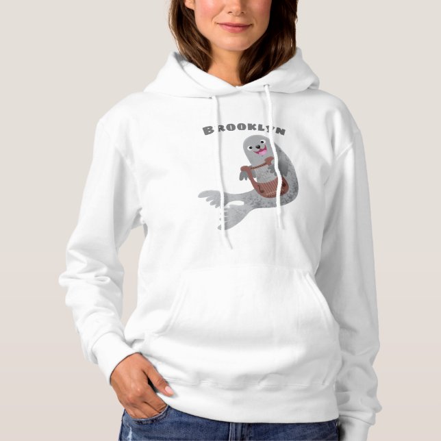 Happy cute harp seal cartoon illustration hoodie (Front)
