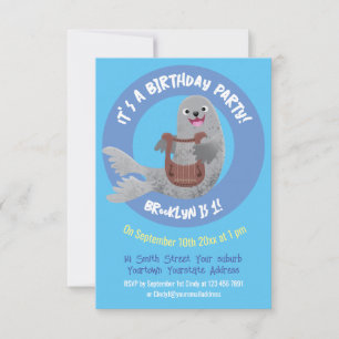 Happy cute harp seal cartoon illustration invitation