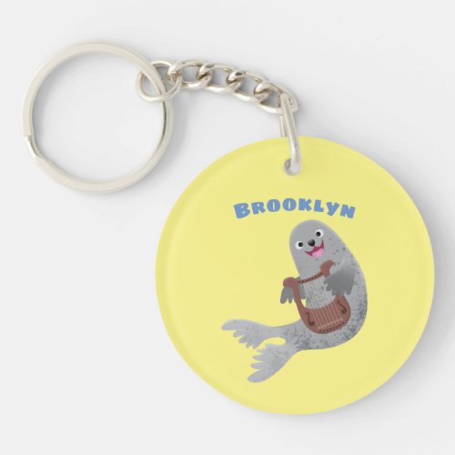 Happy cute harp seal cartoon illustration keychain