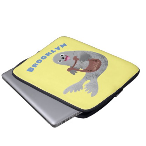 Happy cute harp seal cartoon illustration laptop sleeve