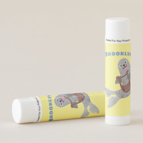 Happy cute harp seal cartoon illustration lip balm