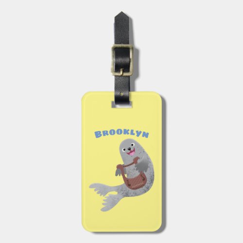 Happy cute harp seal cartoon illustration luggage tag