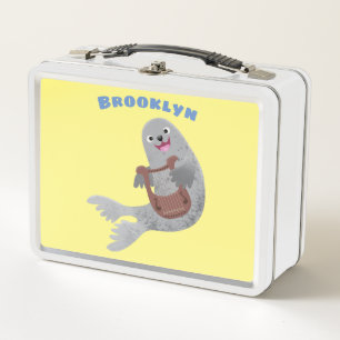 Happy cute harp seal cartoon illustration metal lunch box
