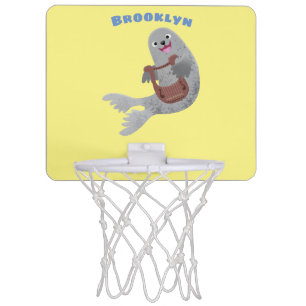 Happy cute harp seal cartoon illustration mini basketball hoop