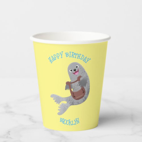 Happy cute harp seal cartoon illustration paper cups