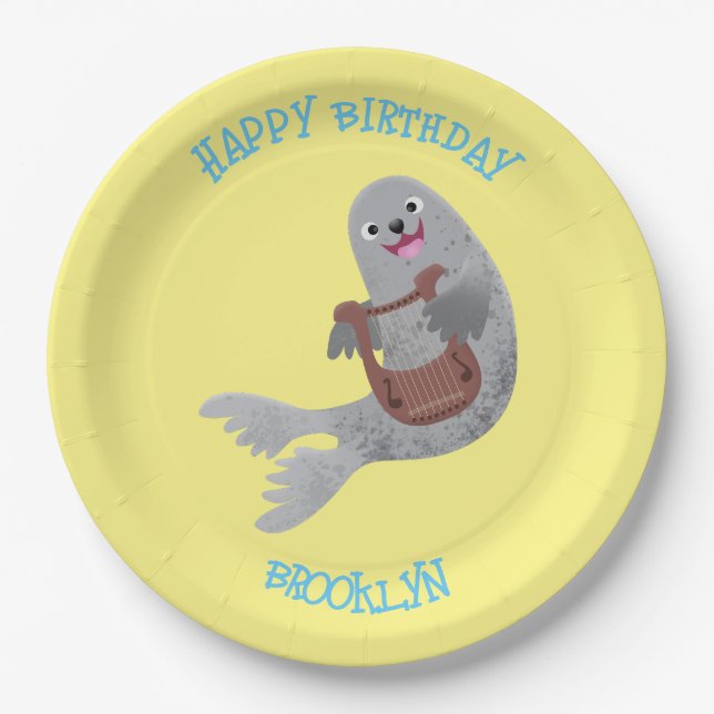 Happy cute harp seal cartoon illustration paper plates (Front)