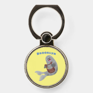 Happy cute harp seal cartoon illustration phone ring stand