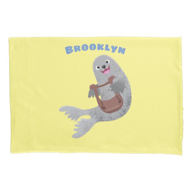 Happy cute harp seal cartoon illustration pillow case (Front)