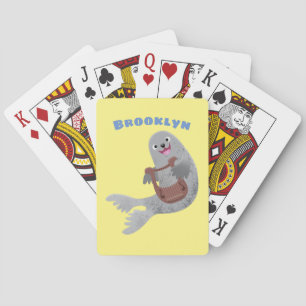 Happy cute harp seal cartoon illustration poker cards