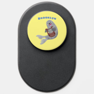 Happy cute harp seal cartoon illustration PopSocket