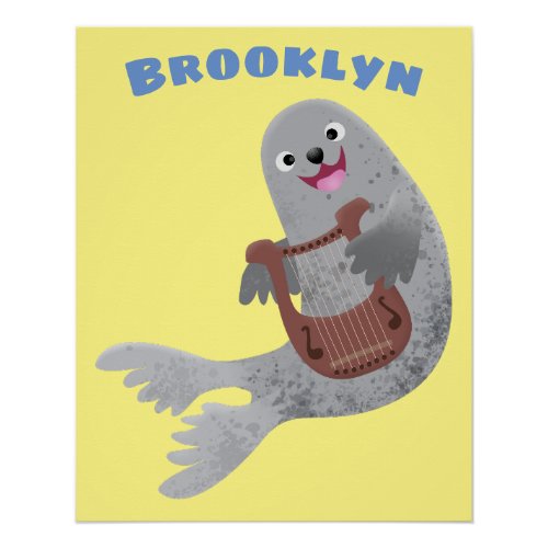 Happy cute harp seal cartoon illustration poster