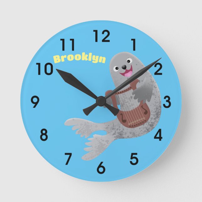 Happy cute harp seal cartoon illustration round clock (Front)