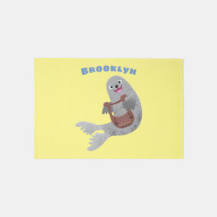 Happy cute harp seal cartoon illustration rug