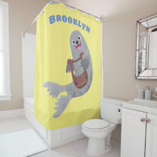 Happy cute harp seal cartoon illustration shower curtain