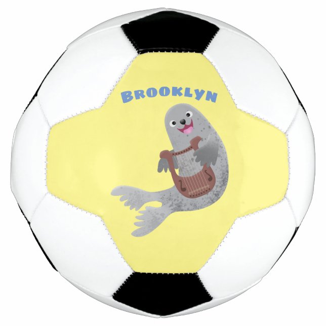 Happy cute harp seal cartoon illustration soccer ball (Front)
