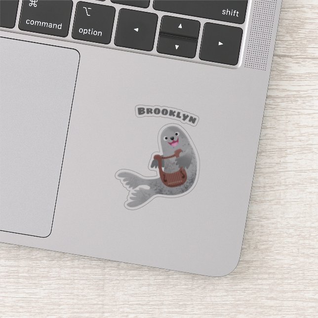 Happy cute harp seal cartoon illustration sticker (Detail)