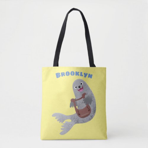 Happy cute harp seal cartoon illustration tote bag