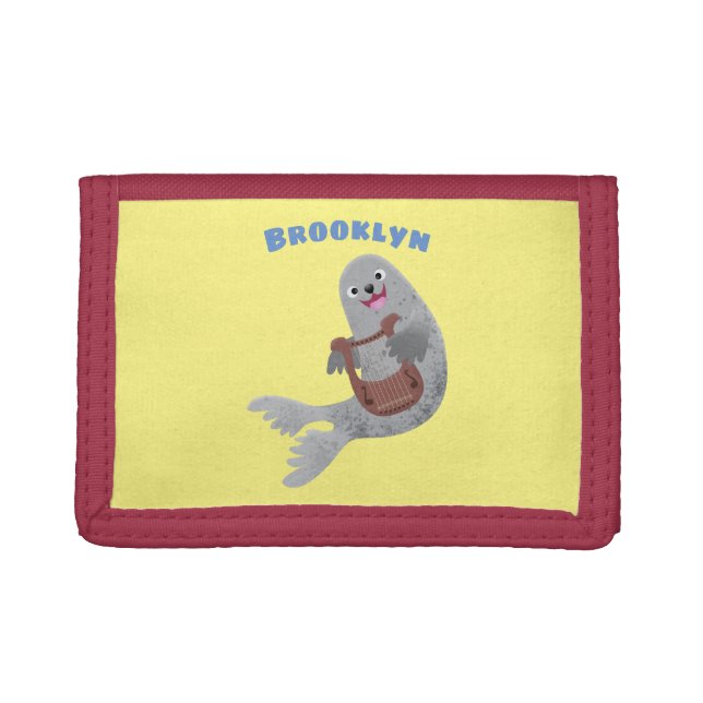 Happy cute harp seal cartoon illustration trifold wallet (Front)