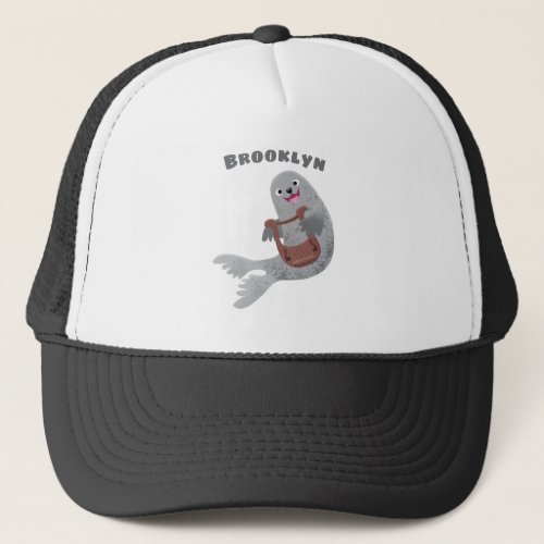 Happy cute harp seal cartoon illustration trucker hat