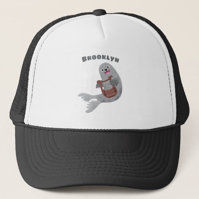 Happy cute harp seal cartoon illustration trucker hat (Front)