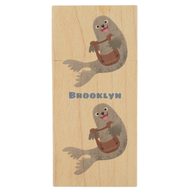 Happy cute harp seal cartoon illustration wood flash drive (Front Vertical)