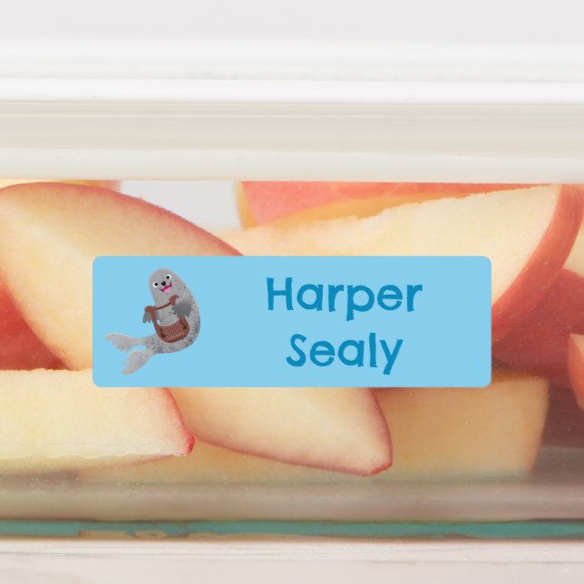 Happy cute harp seal cartoon personalized labels (Affixed)