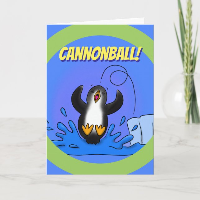 Happy cute jumping penguin cartoon birthday card (Front)
