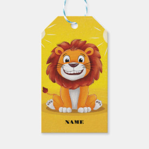 Happy cute lion sitting with a smile on a yellow gift tags