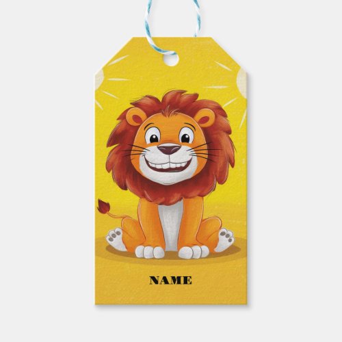 Happy cute lion sitting with a smile on a yellow  gift tags