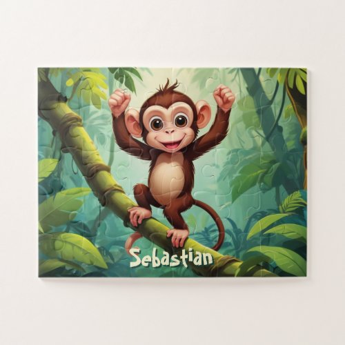 Happy Cute Monkey In Jungle Personalized Jigsaw Puzzle