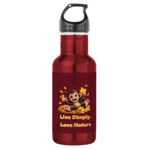 Happy Cute Monkey Playing in Falling Autumn Leaves Stainless Steel Water Bottle