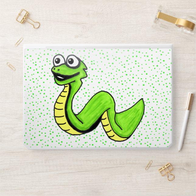 Happy Cute Neon Green Snake White eyes on Dots HP Laptop Skin (Desk)
