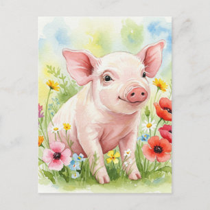 Happy Cute Pig Flowers Young Animals Postcard