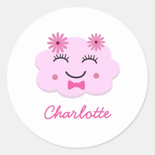 Happy cute pink kawaii cloud  custom name   classic round sticker