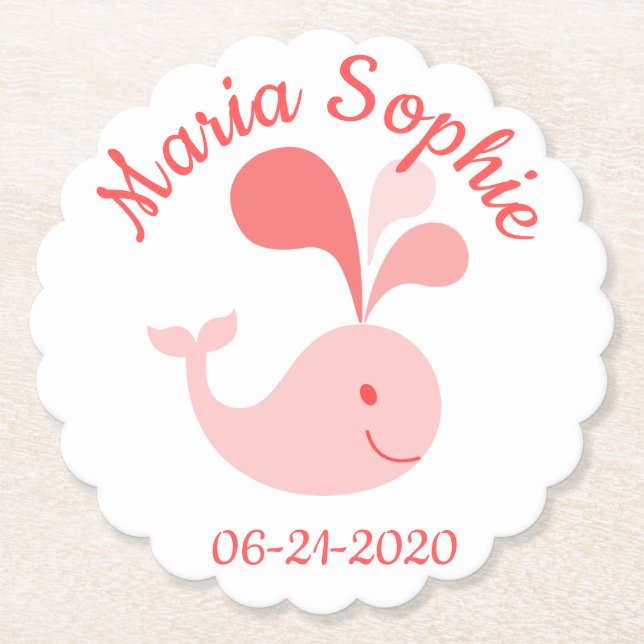 Happy Cute Pink Whale Paper Coaster (Front)