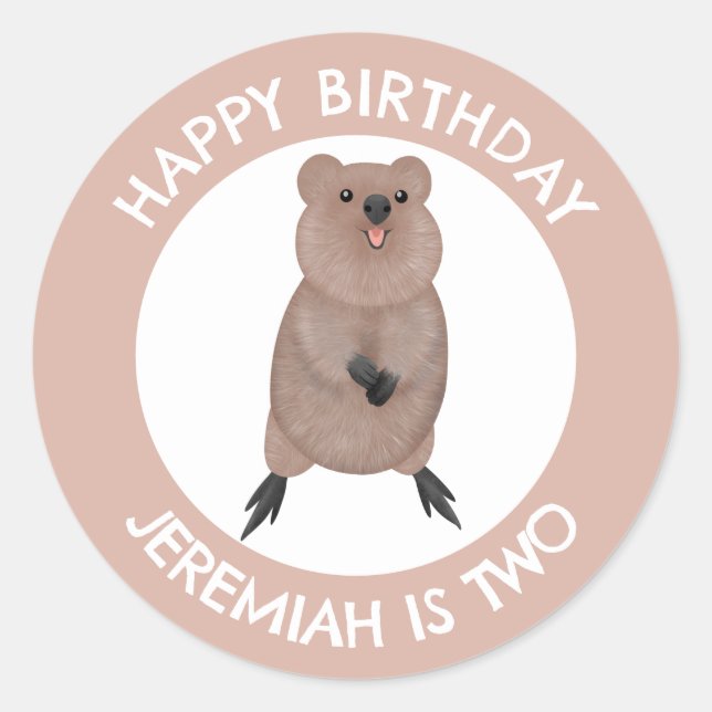 Happy cute quokka personalized cartoon birthday classic round sticker (Front)
